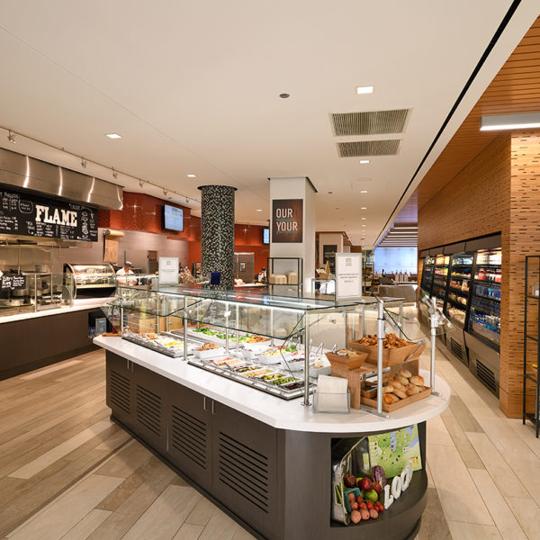 The food court with food options at the Zeller managed 401. N. Michigan Avenue building in Chicago.