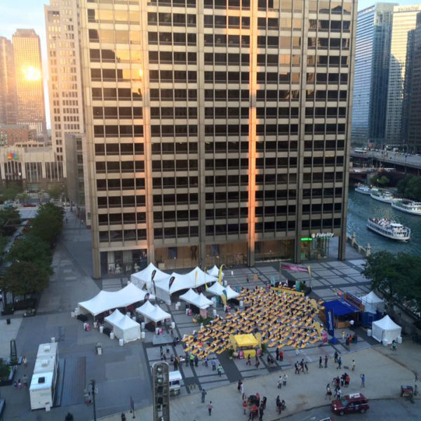 An event set up with tents, lights and chairs in the plaza outside 401 N. Michigan Avenue in Chicago.